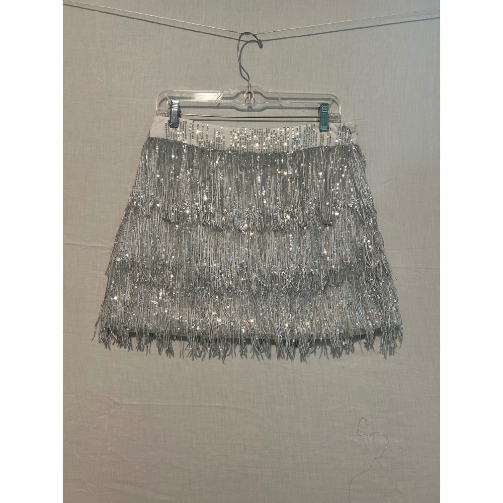 Blue B Collection Silver Sequin Fringe Mini Skirt Tiered Party Disco 32264S L